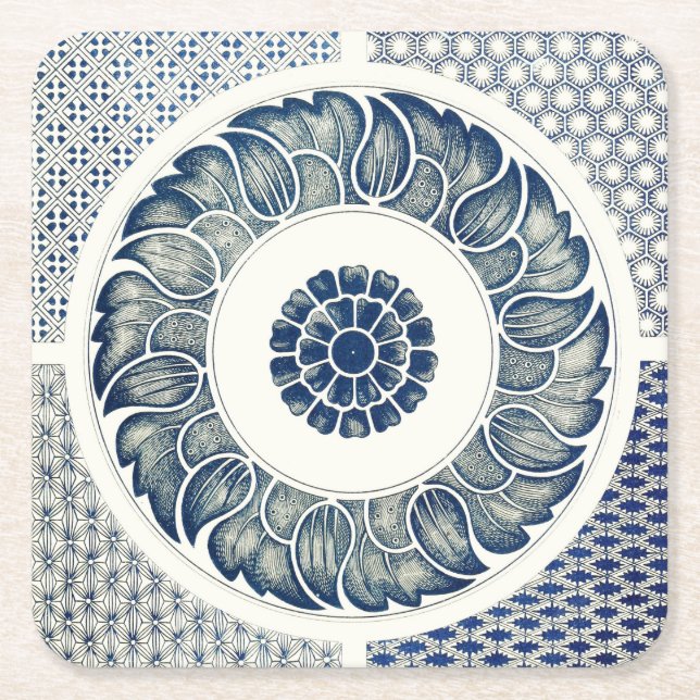 Blue White Floral Chinese Round Square Paper Coaster (Front)
