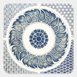 Blue White Floral Chinese Round Square Sticker