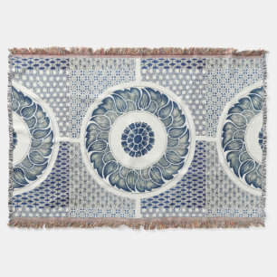 Blue White Floral Chinese Round Throw Blanket