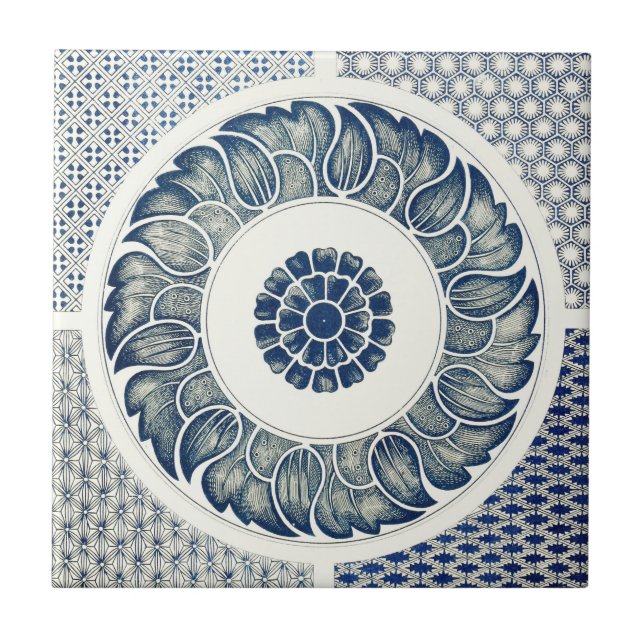 Blue White Floral Chinese Round Tile (Front)