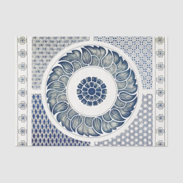 Blue White Floral Chinese Round Tissue Paper (Front)