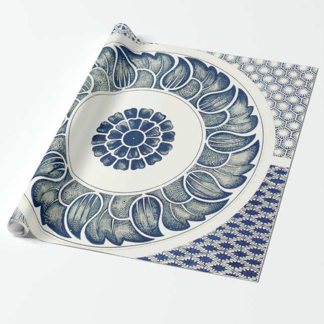 Blue White Floral Chinese Round Wrapping Paper (Unrolled)