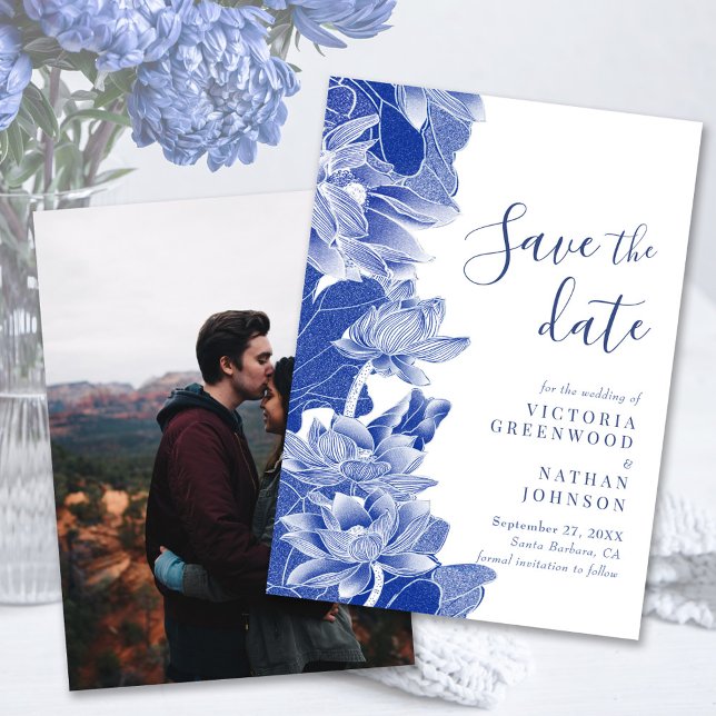 Blue White Floral Chinoiserie Photo Save the Date (Creator Uploaded)