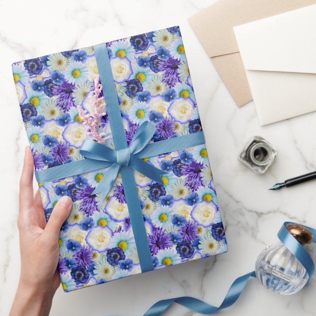 Blue White Floral Collage Bridal Shower Party  Wrapping Paper (Gifting)