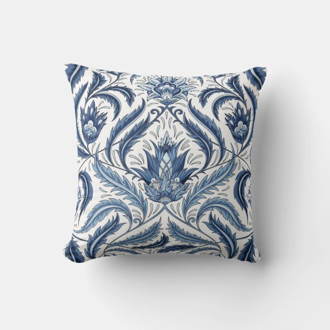 Blue & White Floral Damask Decorative Throw Pillow (Front)