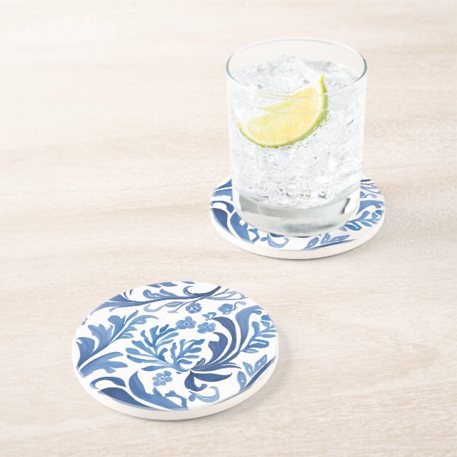 Blue & White Floral Design | Chinoiserie Pattern Coaster (Side)