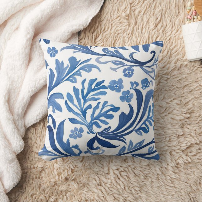 Blue & White Floral Design | Chinoiserie Pattern Cushion (Blanket)