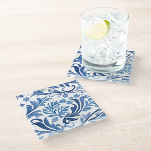 Blue & White Floral Design Chinoiserie Pattern Glass Coaster