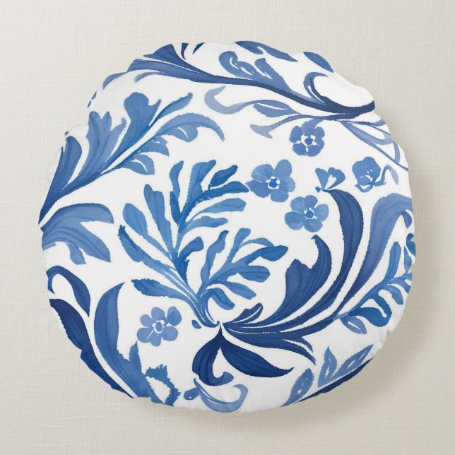 Blue & White Floral Design | Chinoiserie Pattern Round Cushion (Front)