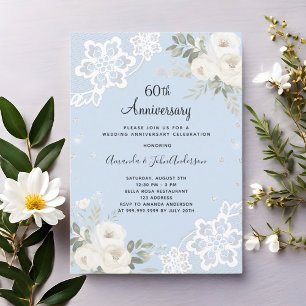 Blue white floral diamond 60th wedding anniversary invitation