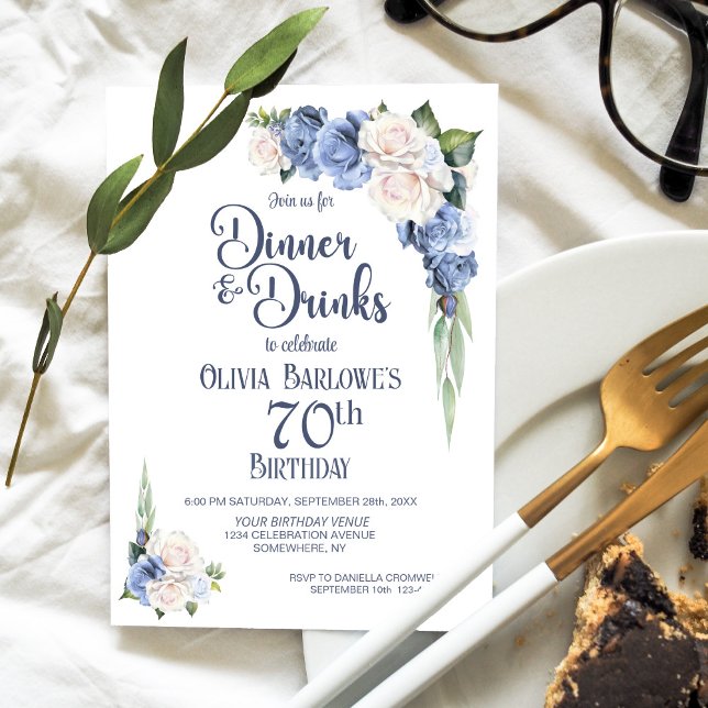 Blue White Floral Dinner and Drinks 70th Birthday Invitation (Creator Uploaded)