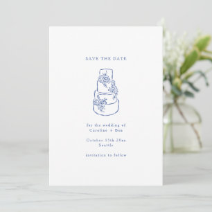 Blue White Floral Doodle Minimalist Wedding Cake Save The Date
