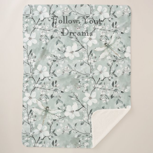 Blue White Floral Dragonflies Sherpa Blanket (Front)