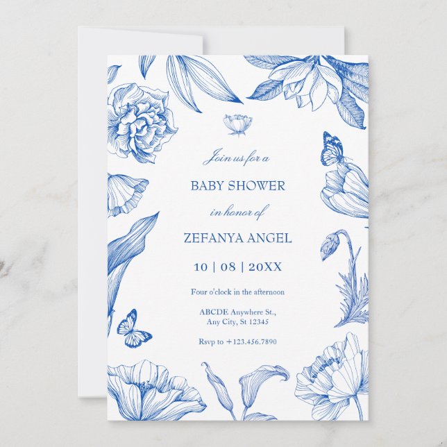 Blue white floral elegant baby shower invitation (Front)