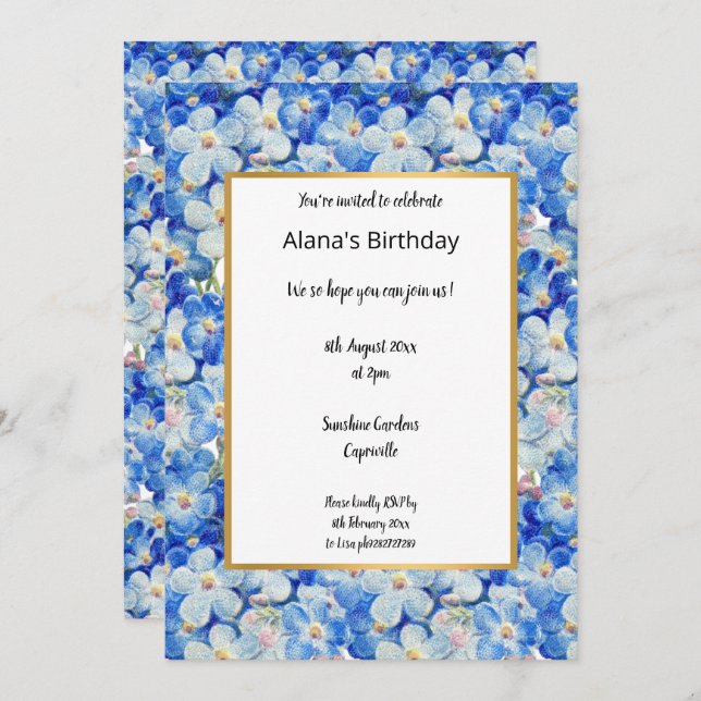 BLUE WHITE Floral Elegant birthday Invitation (Front/Back)