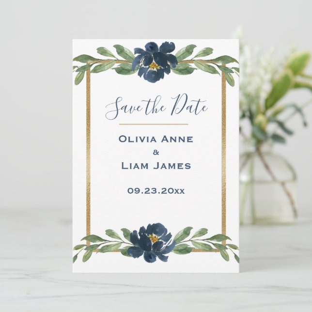 Blue & White Floral Elegant Script Gold Wedding Save The Date (Standing Front)
