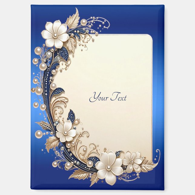 Blue White Floral Embellishment Magnet (Front)
