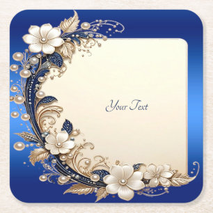 Blue White Floral Embellishment Paper Coaster