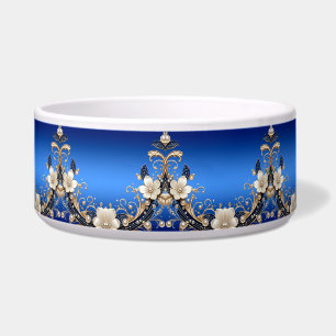 Blue White Floral Embellishment Pet Bowl