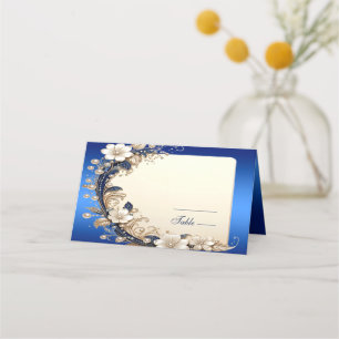 Blue White Floral Embellishment Place Card