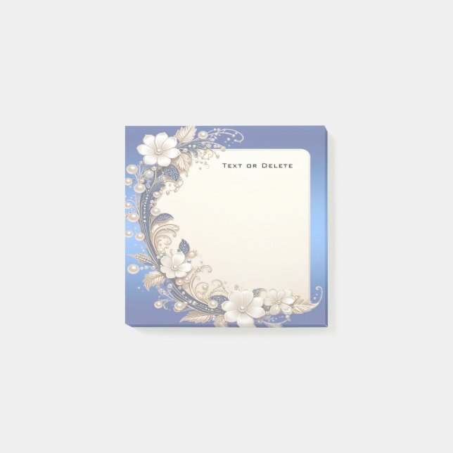 Blue White Floral Embellishment Post it Notes (Front)