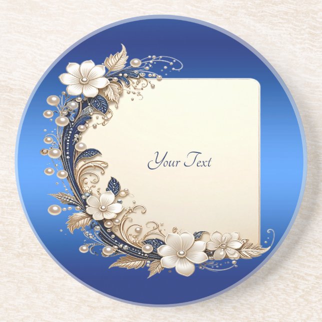 Blue White Floral Embellishment Sandstone Coaster (Front)