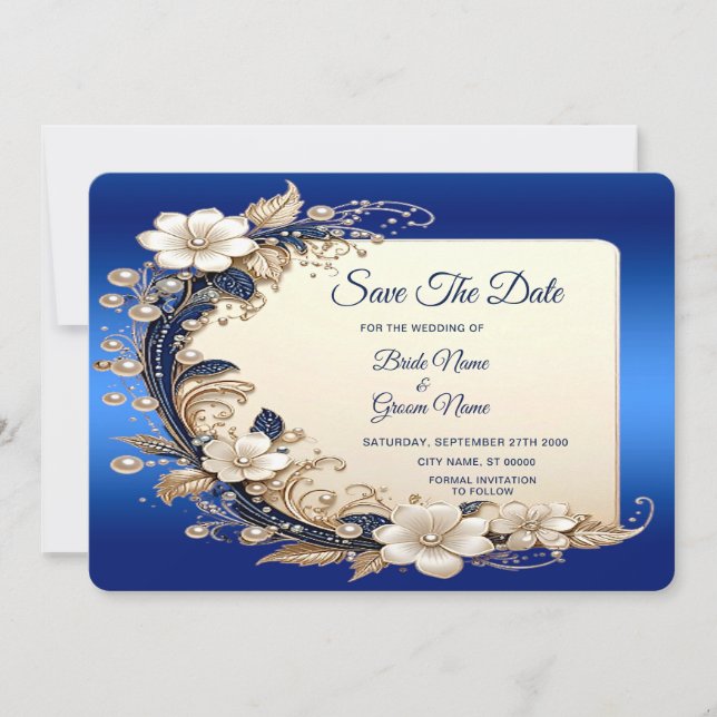 Blue White Floral Embellishment Save The Date (Front)