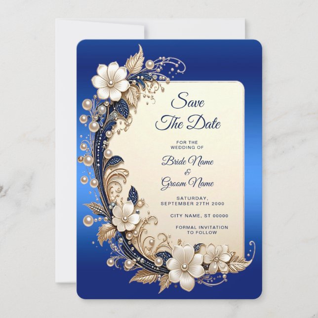 Blue White Floral Embellishment Save The Date (Front)