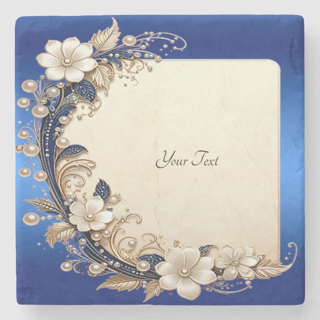 Blue White Floral Embellishment Stone Coaster (Front)