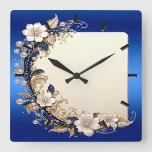 Blue White Floral Embellishment Wall Clock