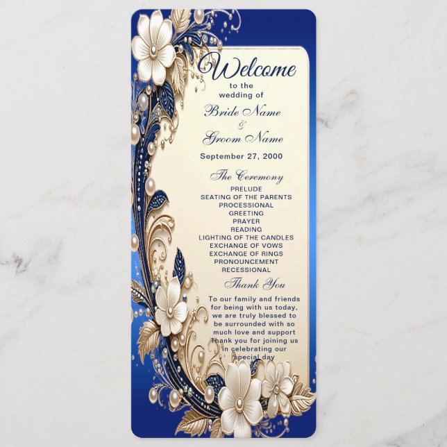 Blue White Floral Embellishment Wedding  Program (Front)