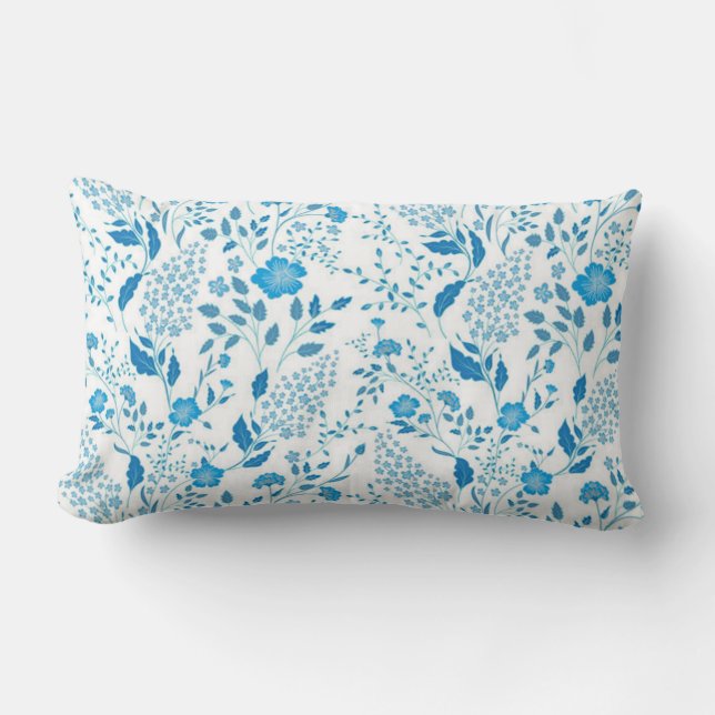 Blue White Floral Embroidery Style Pattern   Lumbar Cushion (Front)