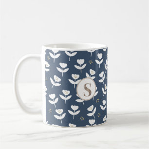 Blue White Floral Farmhouse Cute Monogram Coffee Mug