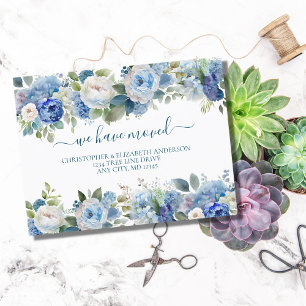 Blue White Floral Flowers Script Moving  Announcement Postcard