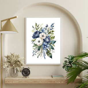 Blue White Floral Flowers Watercolor Elegant  Poster