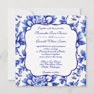 Blue & White Floral French Country Decor Wedding Invitation