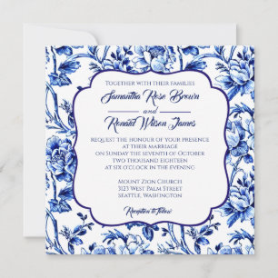 Blue & White Floral French Country Decor Wedding Invitation
