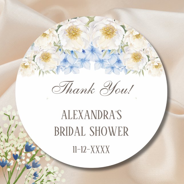 Blue White Floral Garden Bridal Shower Thank You Classic Round Sticker (Creator Uploaded)