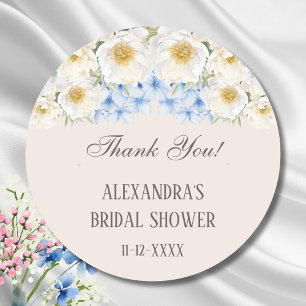 Blue white Floral Garden Bridal Shower Thank You Classic Round Sticker