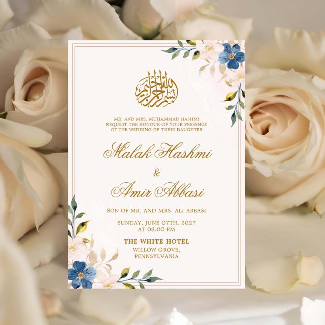 Blue & White Floral Gold Design Islamic Wedding Invitation (Creator Uploaded)