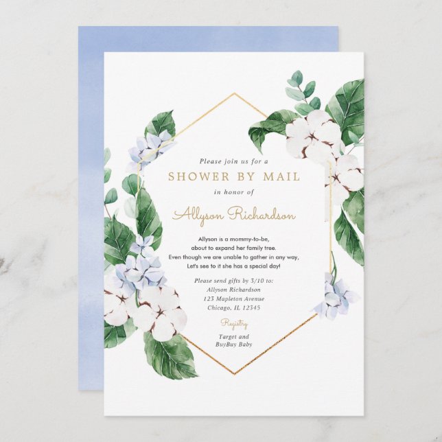 Blue white floral gold Shower by Mail Spring baby Invitation (Front/Back)