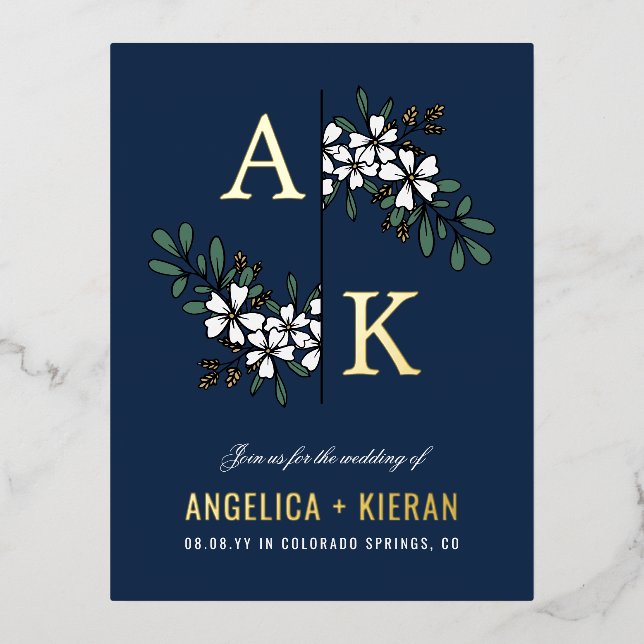 Blue White Floral Greenery Monogram Wedding Foil Invitation Postcard (Front)