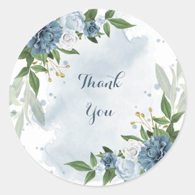 blue white floral greenery thank you classic round sticker (Front)