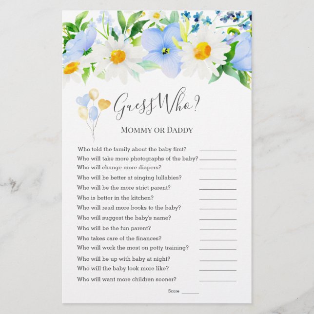 Blue White Floral Guess Who Baby Shower Games  (Front)