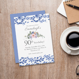 Blue White Floral Happy Birthday Invitation
