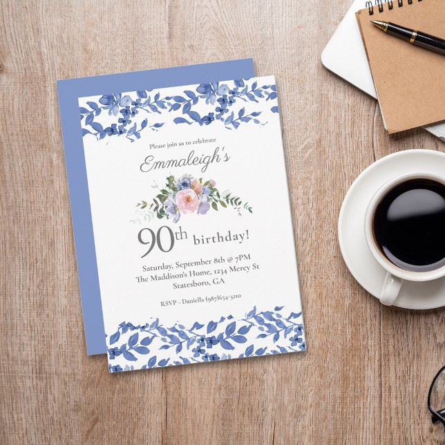 Blue White Floral Happy Birthday  Invitation (Creator Uploaded)