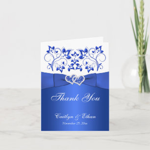 Blue, White Floral, Hearts Wedding Thank You Card