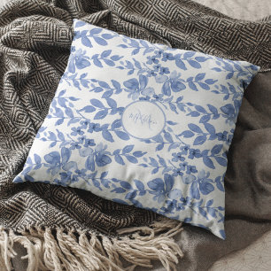 Blue White Floral Leaf Pattern Monogram Cushion