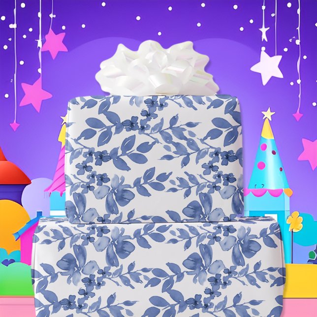 Blue White Floral Leaf Pattern Wrapping Paper (Creator Uploaded)