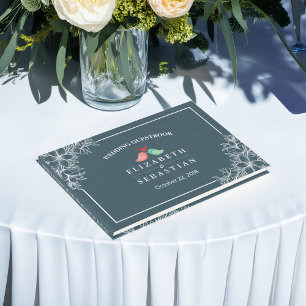 Blue White Floral Love Birds Wedding Guestbook